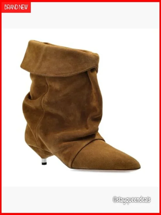 Women's Suede Ankle Boots Kitten Heel Pointed Toe Slouchy Fold Boots - Picture 4 of 6